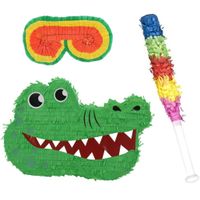 Verjaardag Pinata Krokodil van 42 cm set met stok en masker - thumbnail