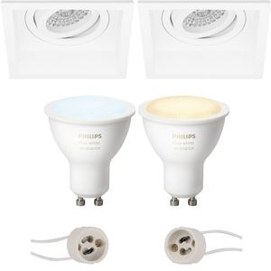 Pragmi Domy Pro - Inbouw Vierkant - Mat Wit - Verdiept - Kantelbaar - 105mm - Philips Hue - LED Spot Set GU10 - White Ambiance - Bluetooth