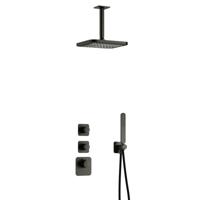 Hotbath Gal - Inbouw Regendoucheset - Geborsteld Gunmetal PVD - 2 Stopkranen - Thermostatisch - Plafondbuis 15 cm - Hoofddouche 220 mm - Staafhanddouche - V01
