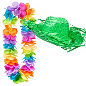 Carnaval verkleedset - Tropical Hawaii party - strohoed - en volle bloemenslinger multi colours