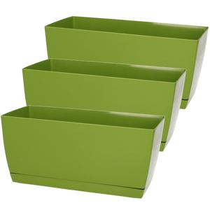 Plantenpot/bloempot met opvangschaal - 3x - kunststof - lime groen - 24 x 12 x 11 cm - binnen/buiten