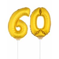 60 jaar leeftijd feestartikelen - versiering cijfers - goud - ballonnen op stokje - van 41 cm