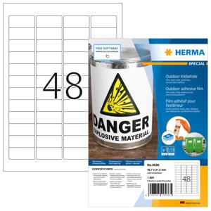 Herma 9536 Folie-etiketten 45.7 x 21.2 mm Folie, mat Wit 1920 stuk(s) Extra sterk hechtend Laser (zwart/wit), Laser (kleur), Kopiëren (zwart/wit), Kopiëren