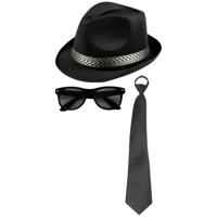 Carnaval verkleedset Men in black - hoed/bril/stropdas - zwart - heren/dames - verkleedkleding - thumbnail