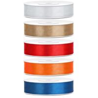 5x rollen satijnlint - zilver-goud-rood-oranje-blauw 1,2 cm x 25 meter - Hobby cadeaulint - sierlint