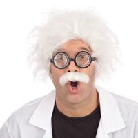 Witte Einstein pruik met snor - verkleedpruik heren   - - thumbnail