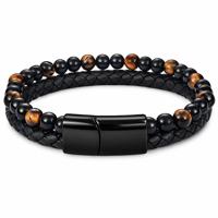 Memphis Heren armband zwart leer Tijgeroog kralen Edelstaal magneet sluiting-23cm
