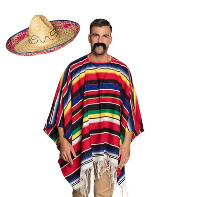 Carnaval verkleed set - Mexicaanse poncho sombrero hoed en plaksnor - gekleurd - heren
