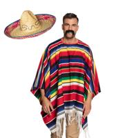 Carnaval verkleed set - Mexicaanse poncho sombrero hoed en plaksnor - gekleurd - heren Carnaval verkleed set - Mexicaanse poncho sombrero hoed en plaksnor - gekleurd - heren