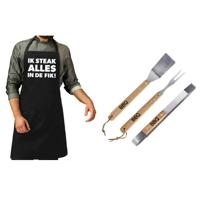 Luxe barbecue gereedschap set met houten handgrepen 3-delig RVS met zwart schort Ik steak alles in d - thumbnail