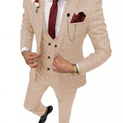 Bon&Bon Men's 3-Piece Plaid Suit - Grey Slim Fit Wedding & Business Suit Beige / L