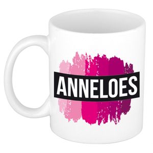 Naam cadeau mok / beker Anneloes  met roze verfstrepen 300 ml   -