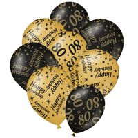 24x stuks leeftijd verjaardag ballonnen 80 jaar en happy birthday zwart/goud - thumbnail