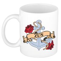 Cadeau koffie/thee mok voor zus - anker - rozen - wit - 300 ml - keramiek