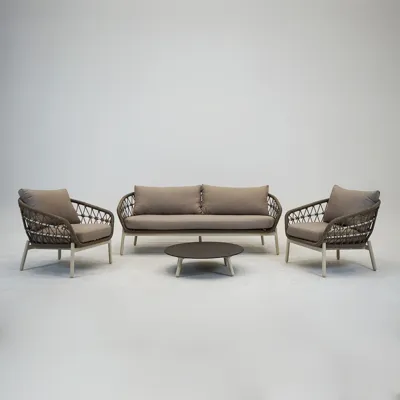 Loungeset Dakota Creme Bruin 4-delig Stoel Bank Aluminium Touw Buiten Tuinstoel Tuinbank Vita Lux