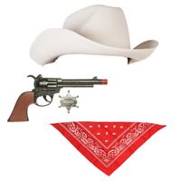 Boland - Carnaval verkleed set - Cowboyhoed wit - rode zakdoek en pistool/revolver