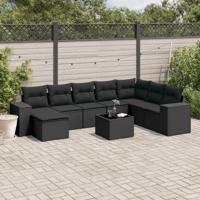 9-delige Loungeset met kussens poly rattan zwart
