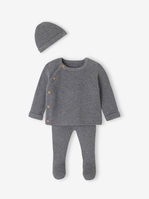 3-delige babyset met gebreid vestje + broek + muts gemêleerd grijs