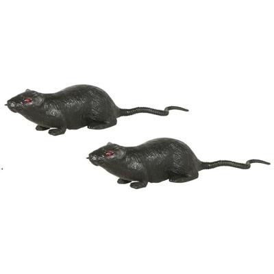Grote plastic rat - 2x - donkergrijs - 20 cm - met rode ogen - namaak dieren