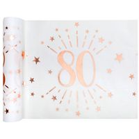 Tafelloper op rol - 80 jaar verjaardag - wit/rose goud - 30 x 500 cm - polyester