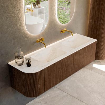Badmeubel Mondiaz Kurve-Dlux | 155 cm | Meubelkleur Walnut | Wastafelkleur Ostra | Solid surface | Dubbele spoelbak | Zonder kraangat(en)