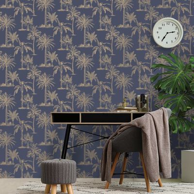 DUTCH WALLCOVERINGS behang tropical trees marineblauw en zilverkleurig