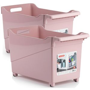 Set van 4x stuks kunststof trolleys pastel roze op wieltjes L45 x B24 x H27 cm