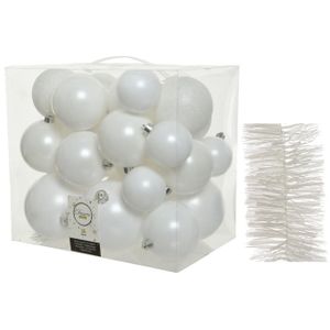 Kerstversiering kunststof kerstballen 6-8-10 cm met folieslingers pakket winter wit van 28x stuks