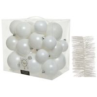 Kerstversiering kunststof kerstballen 6-8-10 cm met folieslingers pakket winter wit van 28x stuks