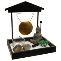 Boeddha zen tuin met gong - voor binnen - zwart - 15 x 16 cm