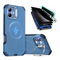 iPhone 16 Cyber Tough Case with Stash Stand Privacy Protection Bundle Light Blue