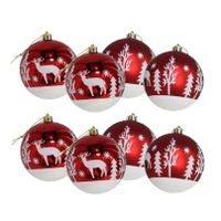 8x stuks gedecoreerde kerstballen rood kunststof 8 cm