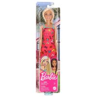 Barbie pop lichte huid lang blond haar met rode jurk speelgoed   - - thumbnail