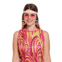 Hippie verkleedkleding accessoires - haarband - roze bril - peace oorbellen - flower power