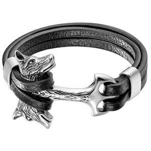 Leren armband Mannen Mendes Anker Wolf Edelstaal Zilverkleurig Zwart