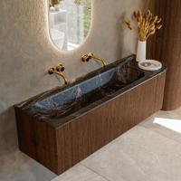 Badmeubel Mondiaz Kurve-Dlux | 145 cm | Meubelkleur Walnut | Wastafelkleur Lava | Solid surface | Links spoelbak | Zonder kraangat(en)