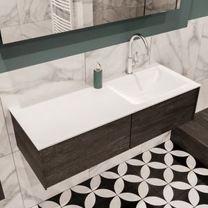 Mondiaz Lush Cloud badmeubel eiken donker bruin 120 cm 2 lades solid surface enkele spoelbak rechts 1 kraangat
