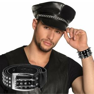 Verkleed setje Biker/Rocker - Heren - pet/riem en armband met studs - zwart