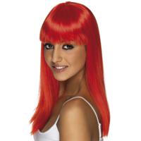 Glamour pruik met neon rood stijl lang haar - voor dames - verkleed pruiken - carnaval