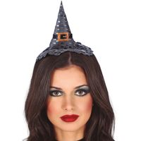 Halloween heksenhoed - mini hoedje op diadeem - one size - zilver - meisjes/dames - thumbnail