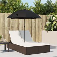 Ligbed 2-persoons met kussens en parasol poly rattan bruin