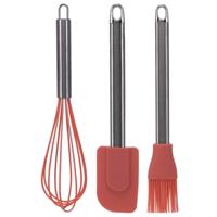 Keukengerei set - 3 stuks - garde/pannenlikker/bakkwast - rood - RVS/siliconen - Ca. 26 cm - thumbnail