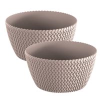 2x stuks tafelstuk plantenpot/bloempot kunststof dia 24 cm en hoogte 12 cm taupe/beige