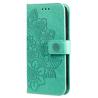 iPhone 15 Plus hoesje - Bookcase - Pasjeshouder - Portemonnee - Bloemenprint - Kunstleer - Turquoise - thumbnail