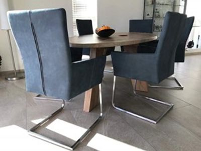 Set van 6 leren eetkamerstoelen - met sledepoot en armleuning- blauw leer - Echt leer, Industrieel, ontdek de vele Leersoorten en Kleuren bij ShopX
