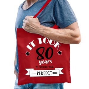 Cadeau tas voor heren - 80 en perfect - rood - katoen - 42 x 38 cm - tachtig - shopper