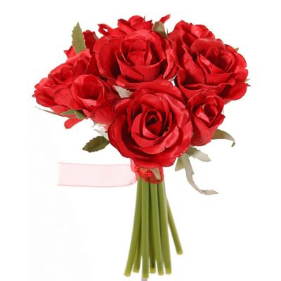 Boeketje kunstbloemen - rozen - rood - 20 cm - 9x stuks