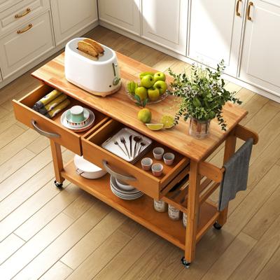 Houten Keukentrolley met Werkblad & 2 Lades & 2 Open Planken & Keukenkast Natuurlijk