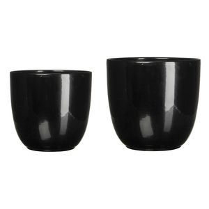 Plantenpot/Bloempot zwart glans keramiek - set 2x - D19 en D14 cm - Plantenpotten