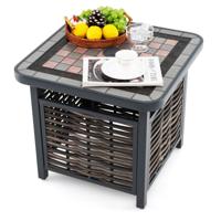 PE Rotan Buiten Bijzettafel 55cm Vierkante Tafel voor All-Weather Patio Hars Tafelblad Parasolgat Metalen Frame Salontafel